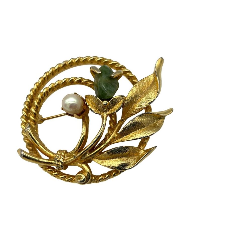 Sarah Coventry Gold Tone Floral Wreath Jade & Pearl VTG Brooch w/Safety Clasp